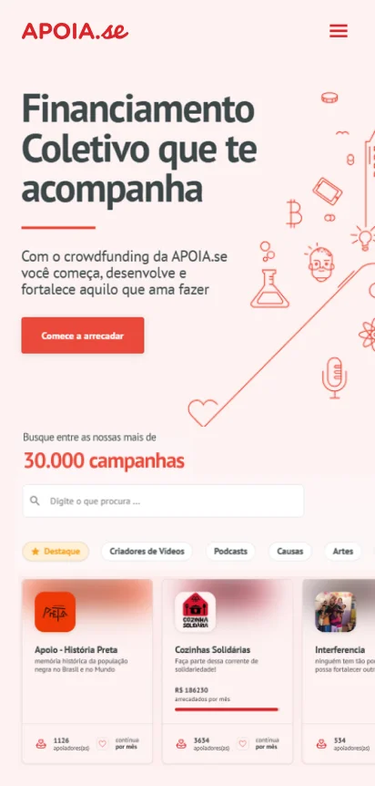 Homepage em produção (Mobile): leitura rápida e acesso desimpedido ao início de campanha.