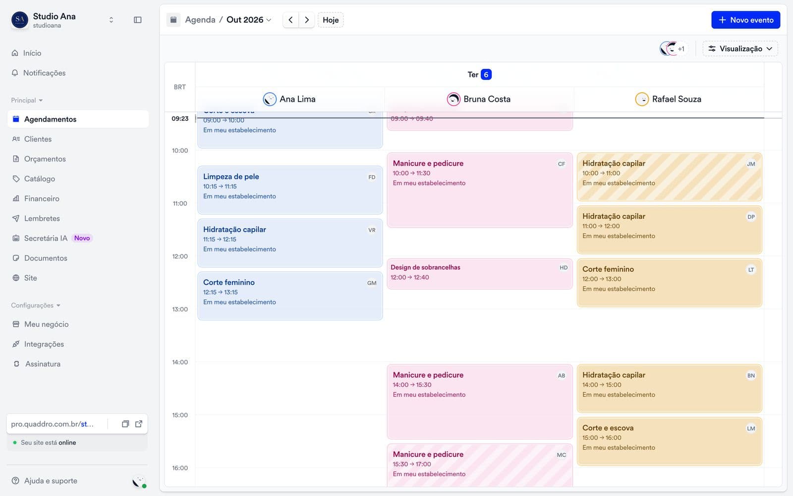 Interface em produção: visão diária com raias paralelas por profissional.
