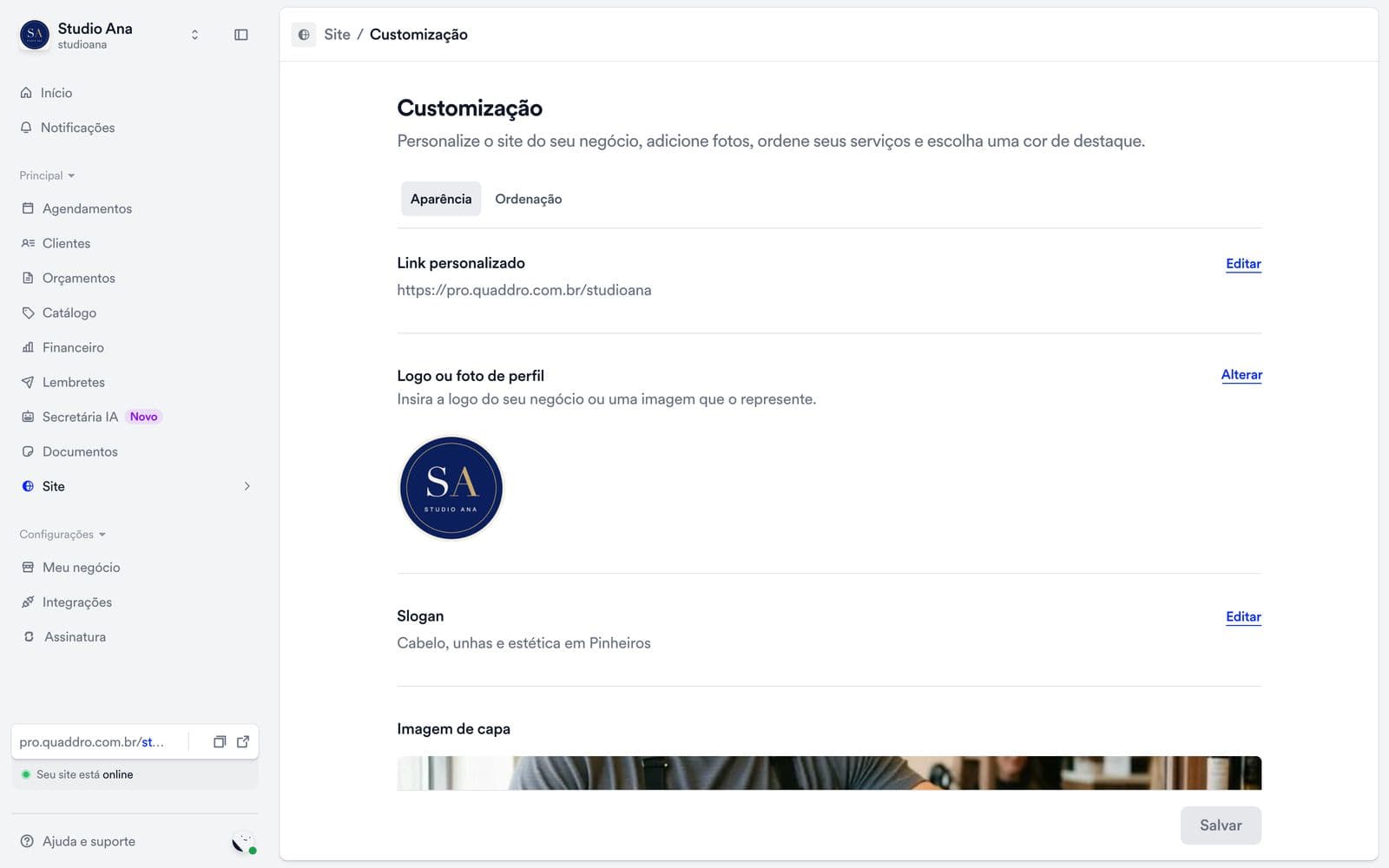 Painel do profissional: configuração simples da página pública sem depender de código.
